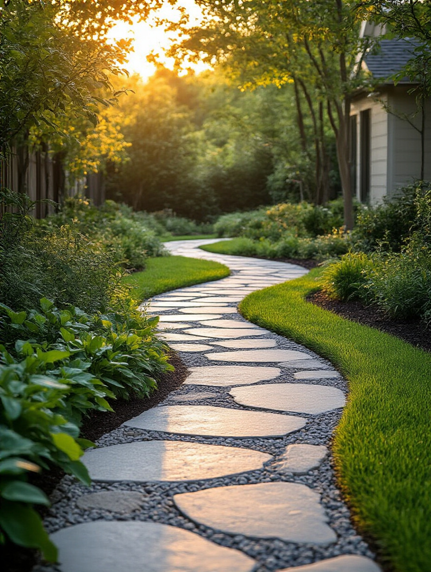 Wide concrete garden pathway with flagstone edges and warm natural lighting during golden hour, designed for safe and easy yard navigation