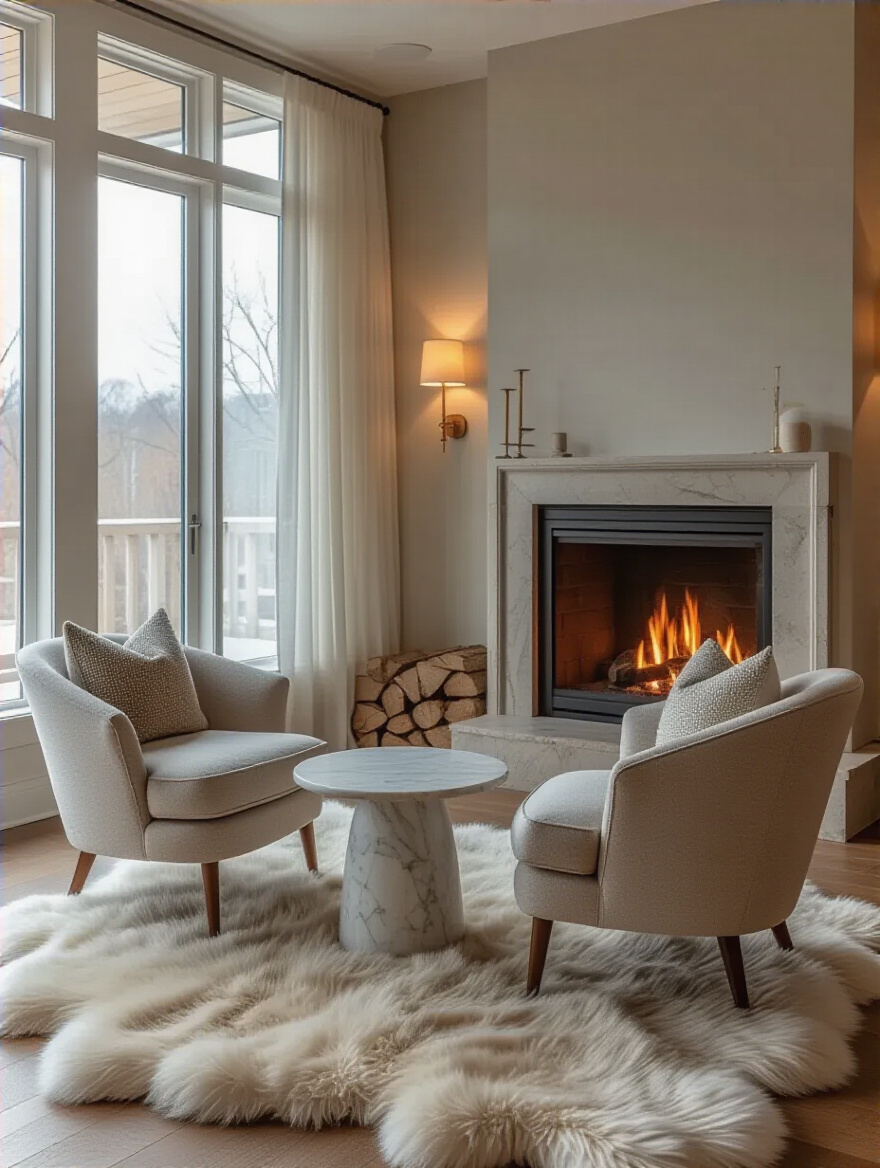 Cozy intimate conversation area with two armchairs around a fireplace hearth in a modern living room