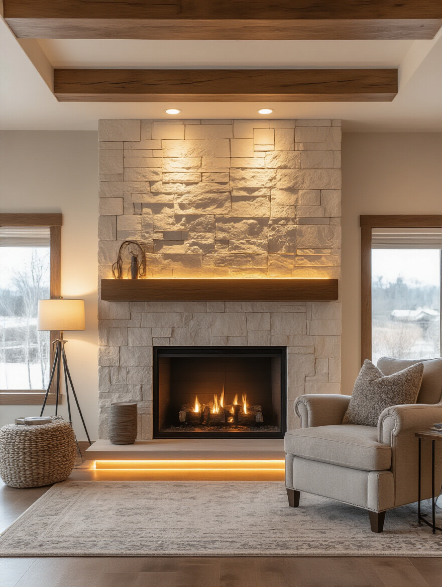 Cozy living room with modern fireplace featuring layered ambient, accent, and task lighting creating warm inviting mood