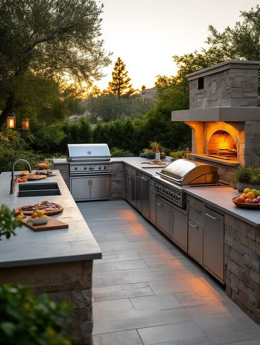 Portrait image of a modern outdoor kitchen with stainless steel appliances, stone countertops, and integrated pizza oven under warm natural lighting in a landscaped backyard