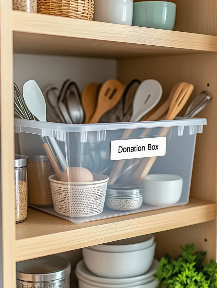 Organized kitchen corner with a labeled donation box for seldom-used items.