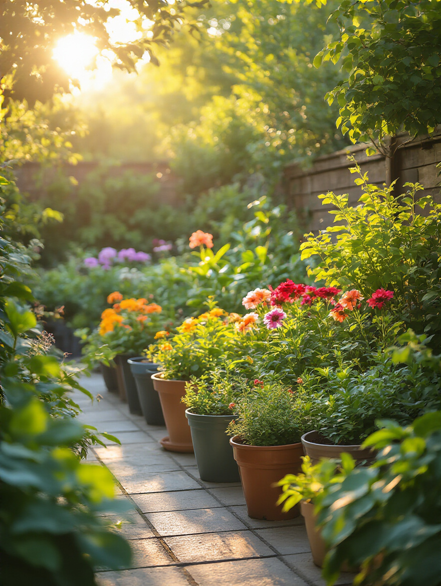 Portrait photo of a vibrant patio garden showing plants thriving in optimal sun exposure with clear sun and shade zones