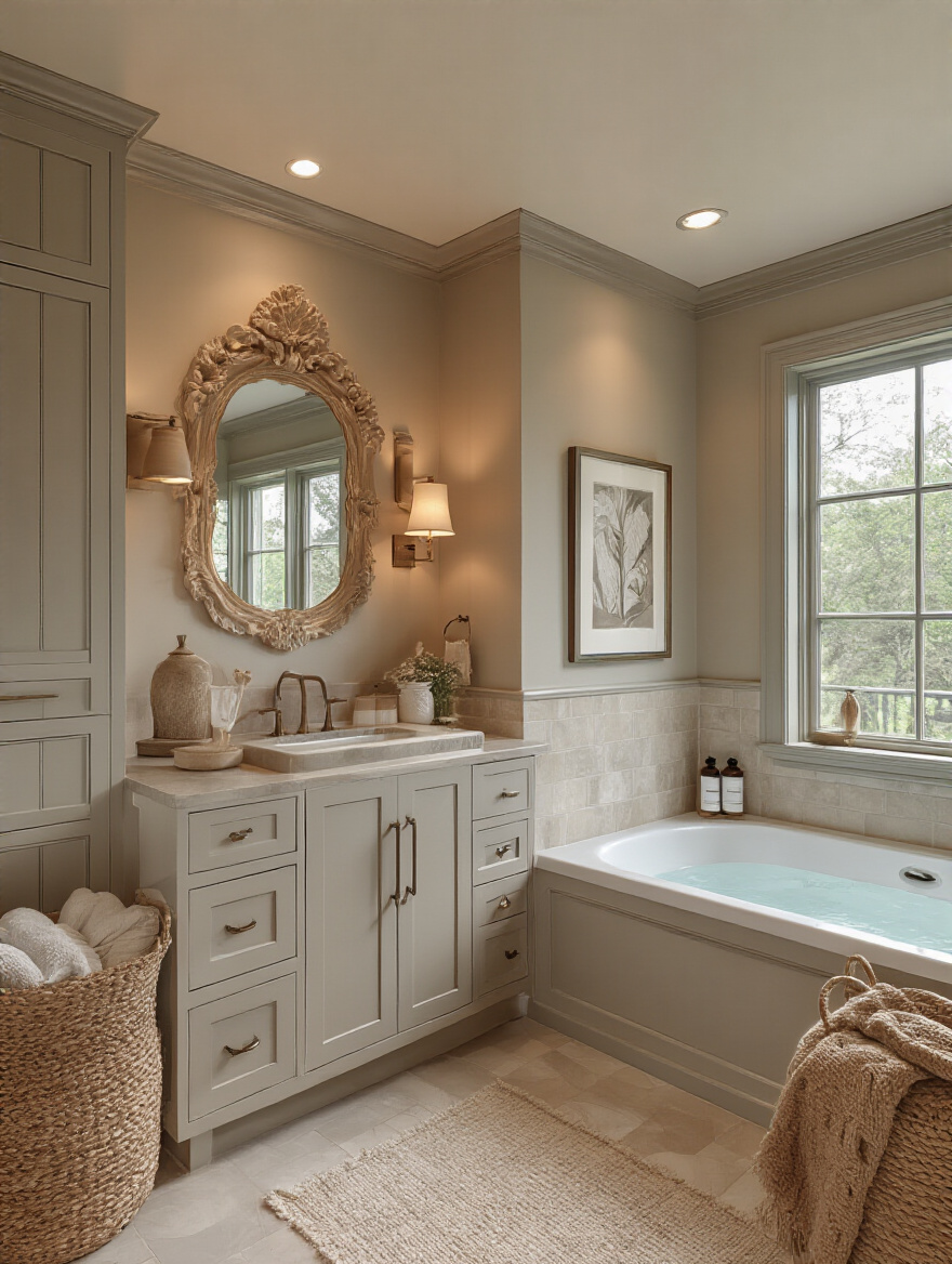 Cohesive bathroom decor reflecting a defined core style with elegant fixtures and harmonious wall decor.