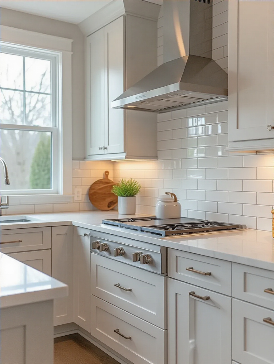 Modern kitchen backsplash seamlessly integrated with white shaker cabinets and light quartz countertops under natural and warm lighting