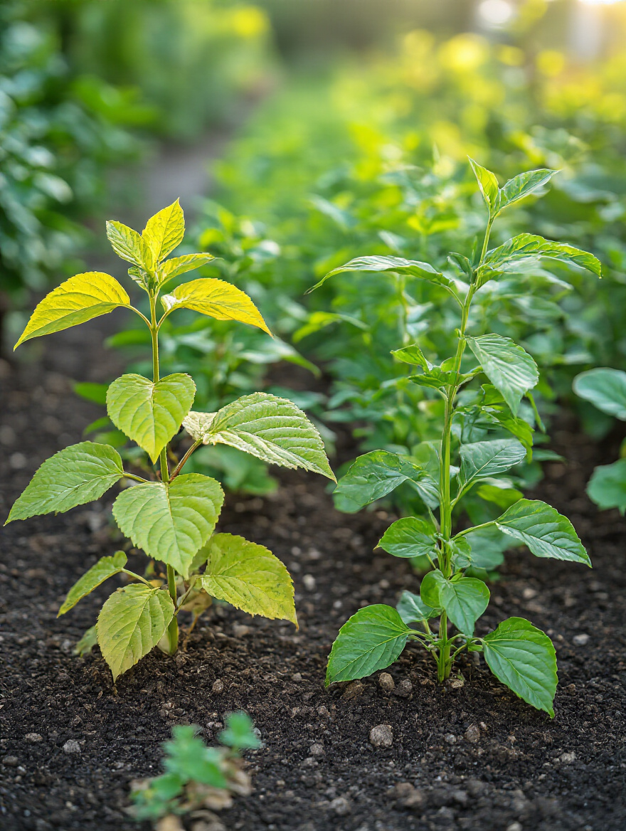 Close-up portrait of patio garden plants showing signs of common problems like yellowing leaves and brown spots under natural morning light
