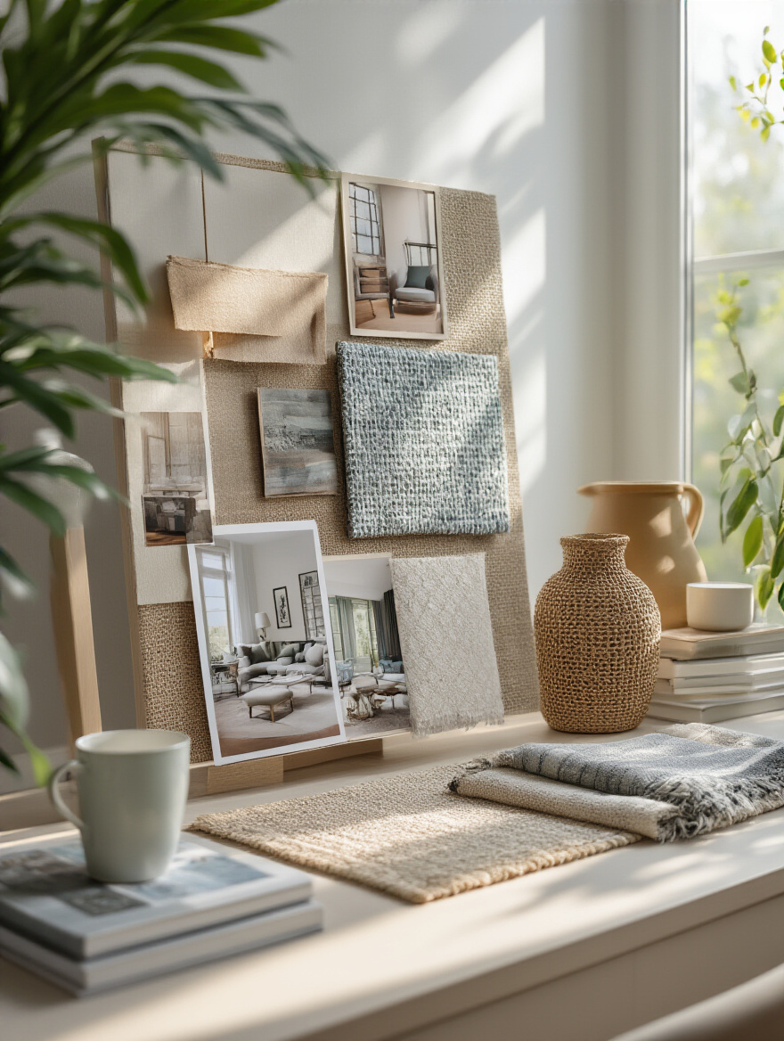 A digital mood board showcasing various interior design elements and styles.