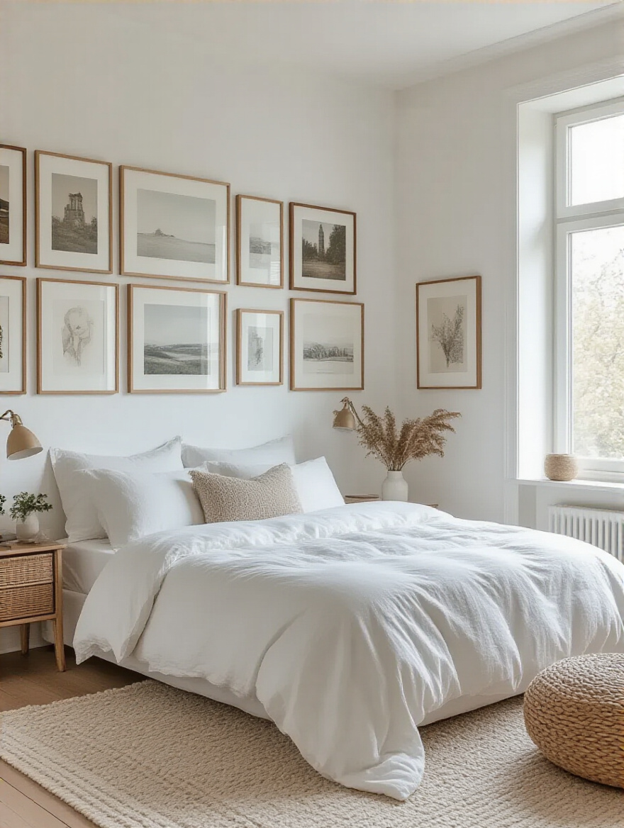 Professional photo of a white bedroom featuring a gallery wall with curated art and personal photos.