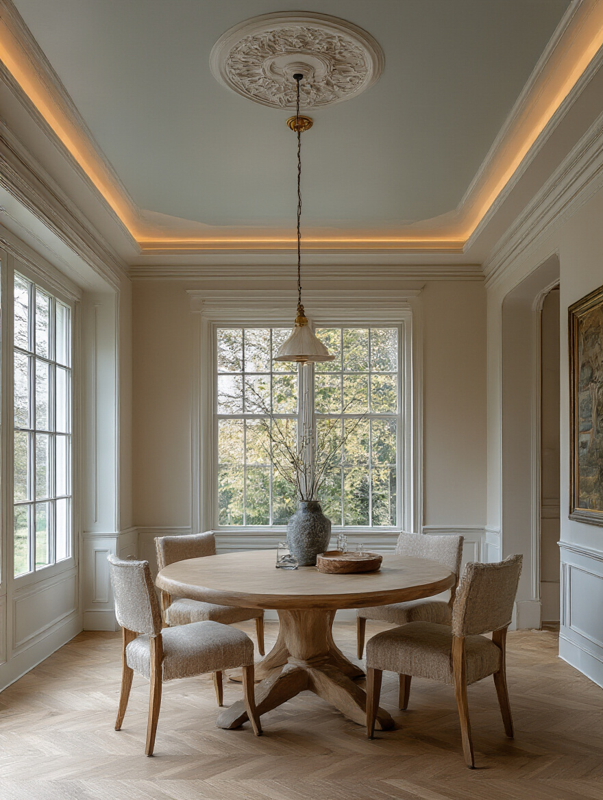 Elegant dining room with a beautifully painted ceiling, highlighting the influence of ceiling paint on perception.