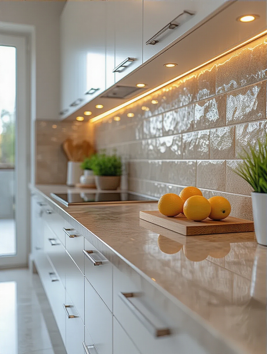 Glossy natural stone kitchen backsplash with soft lighting and modern countertop, showcasing well-maintained surface and texture