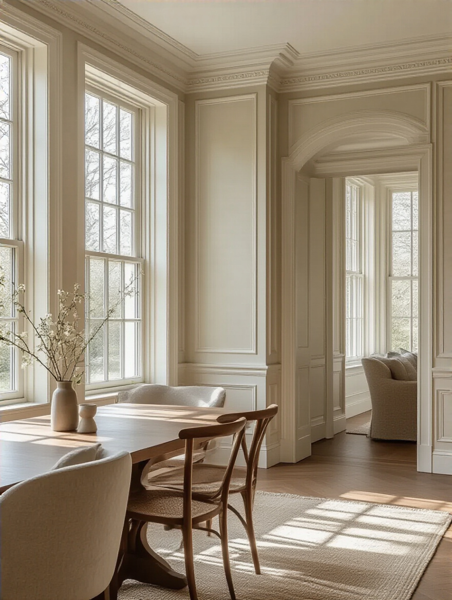 Dining room showcasing elegant trim and moulding painted in contrasting hues with natural light.