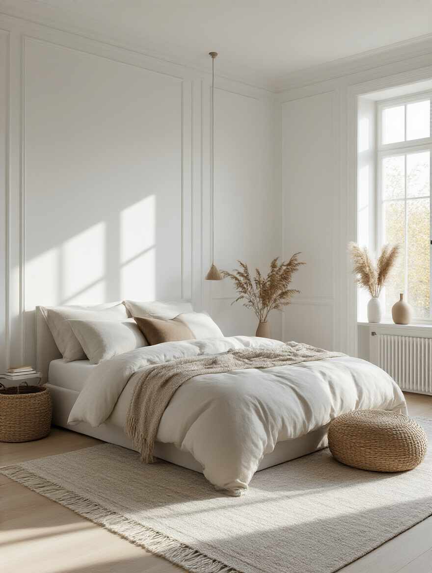 Stylish bedroom with crisp white walls and subtle undertones, showcasing a cozy and inviting atmosphere.