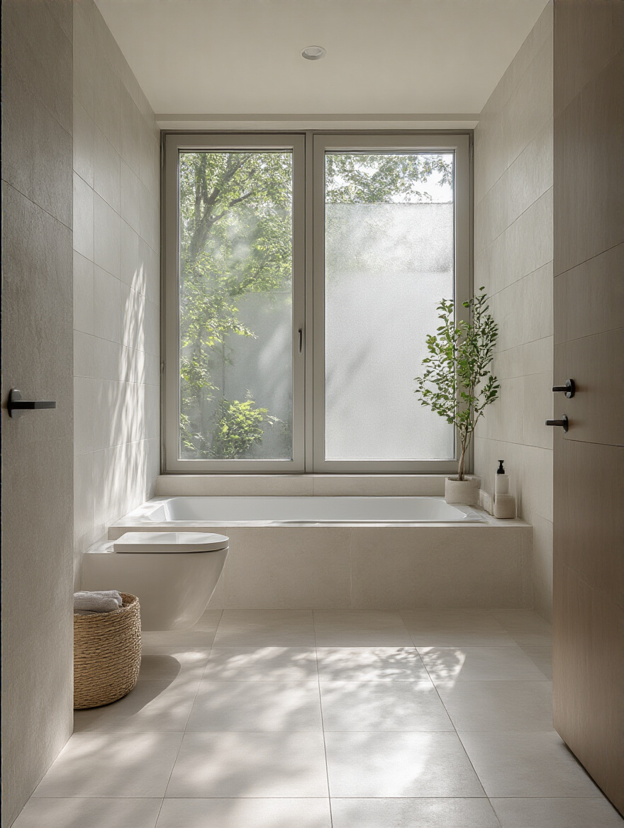 Modern minimalist bathroom with large-format porcelain tiles creating seamless flow and spaciousness