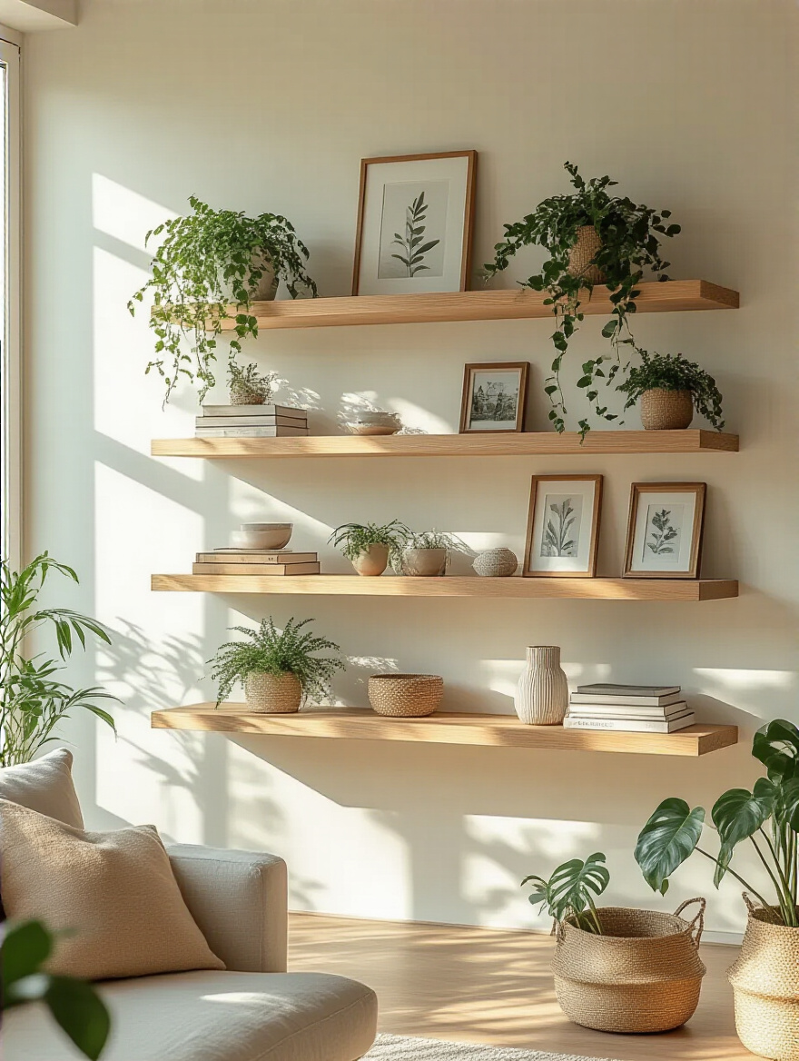Stylish living room with floating shelves displaying decor