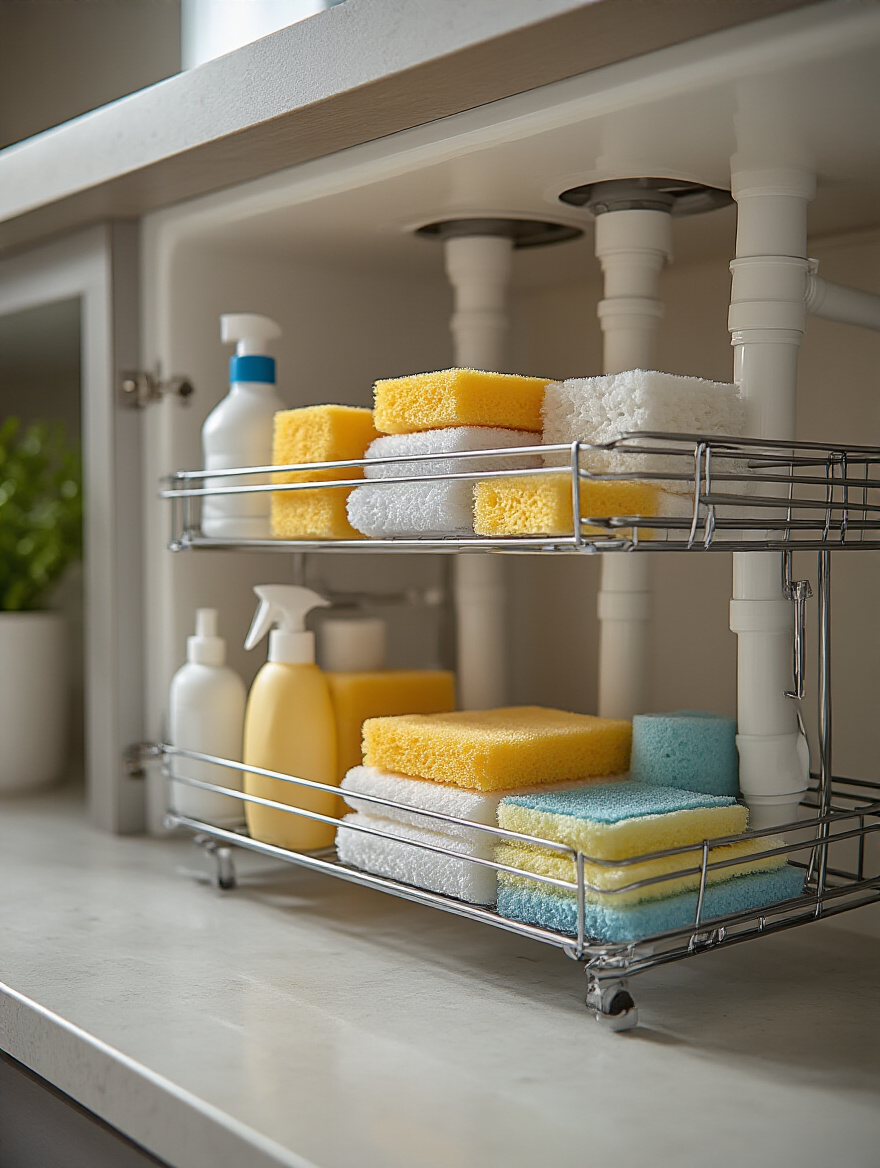 Under-sink cabinet featuring an expandable rack organized with cleaning supplies and sponges