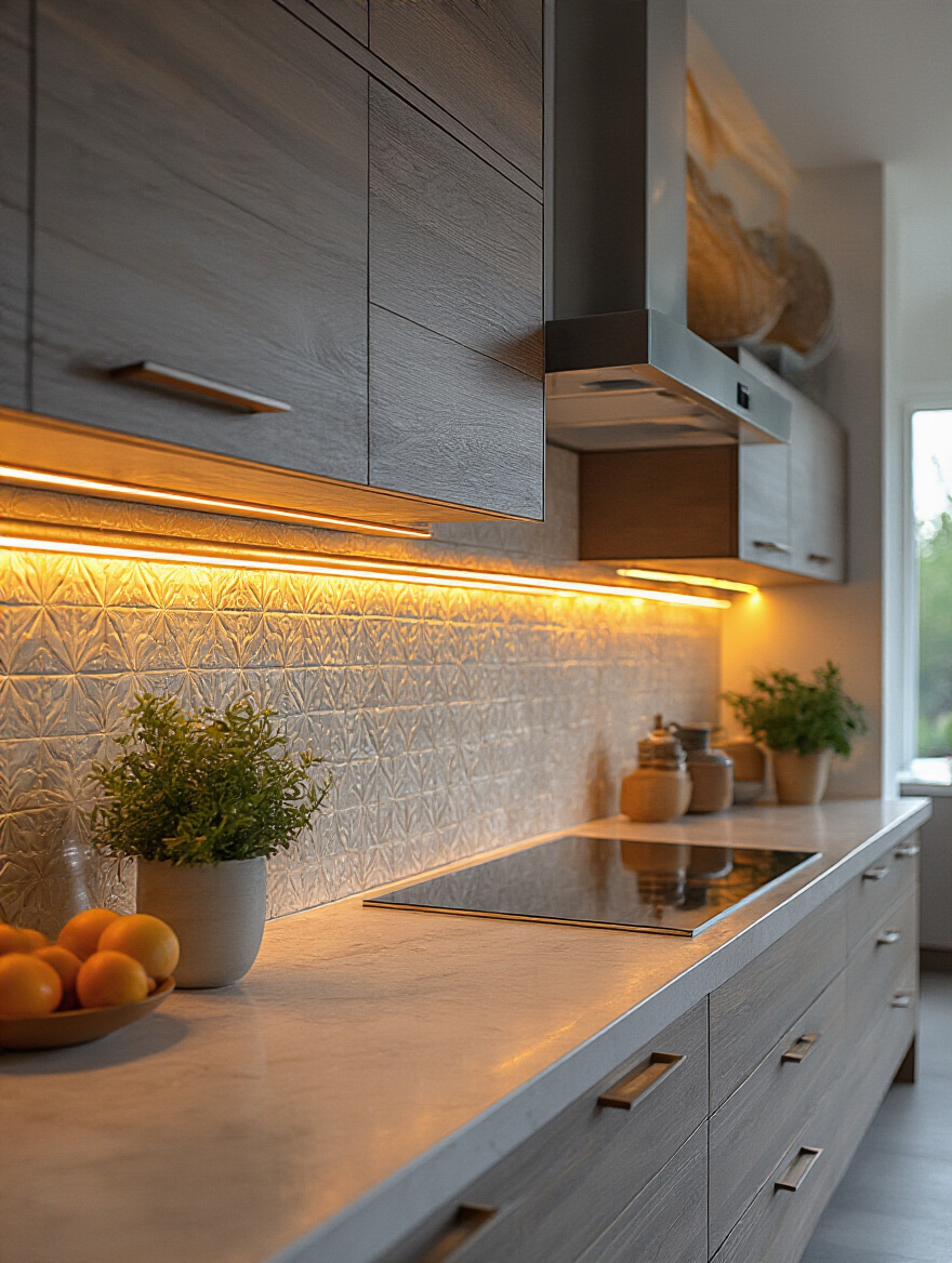 Modern kitchen backsplash with warm LED strip lighting highlighting textured tiles and creating ambient glow