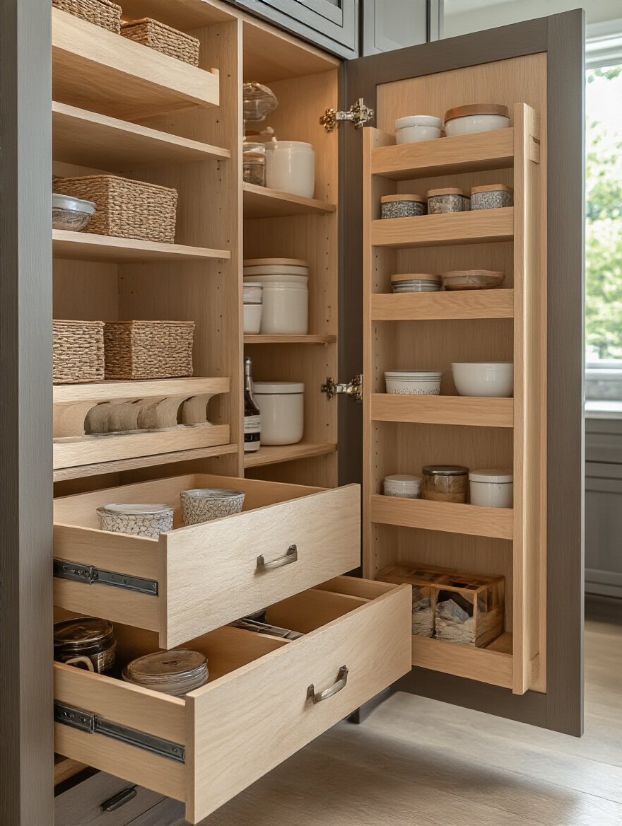 Organized kitchen cabinet with pull-out shelves and dividers