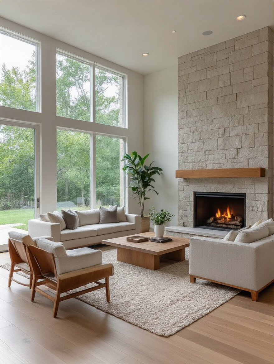 Modern living room with fireplace and clear, unobstructed walkways for easy navigation