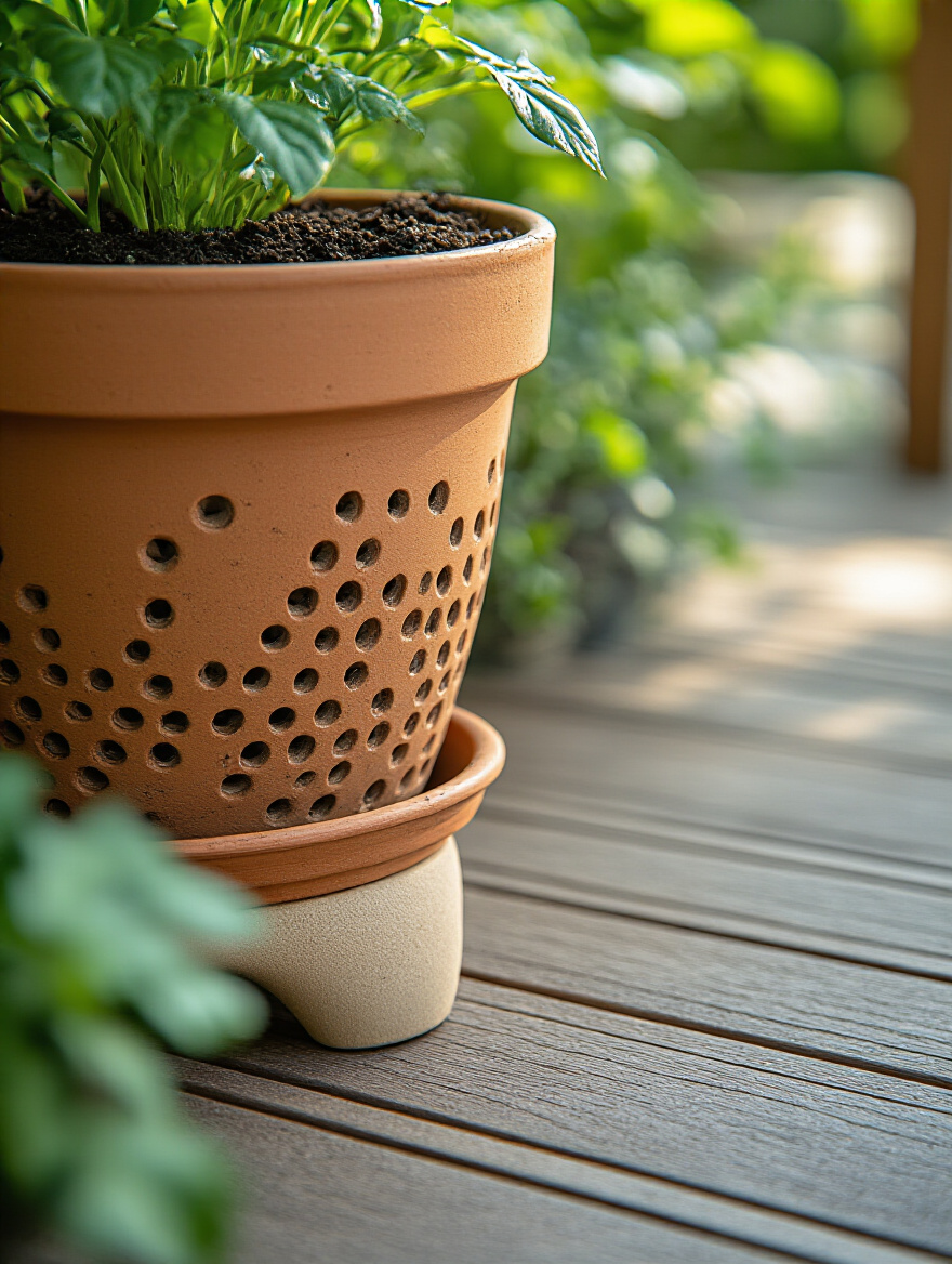 Terracotta container pot with multiple drainage holes elevated on ceramic pot feet on wooden patio decking under natural morning sunlight