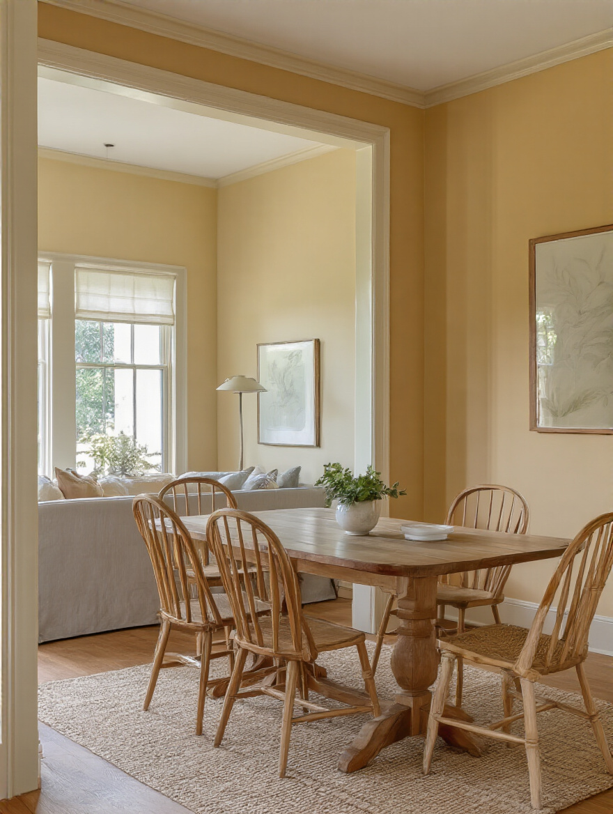 A dining room and living room showcasing seamless color flow with harmonious paint colors.