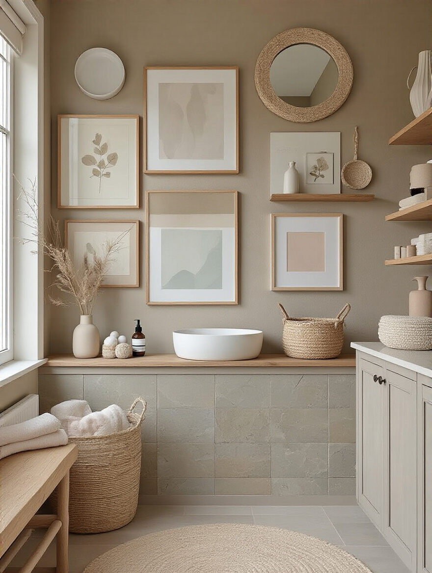 A well-decorated bathroom wall with a large mirror and balanced artwork.