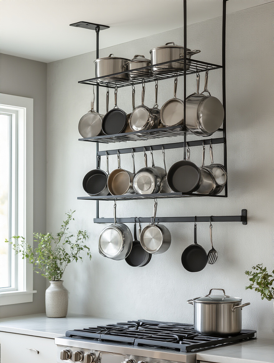 Modern kitchen with a matte black wall-mounted pot rack holding pots and pans above the stove, showcasing organized cookware and clean design.
