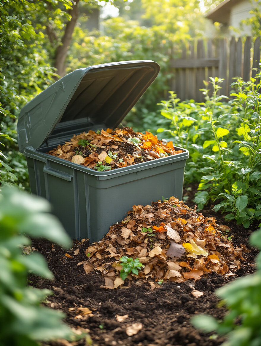 Backyard composting system with layered organic materials in enclosed bin surrounded by garden plants