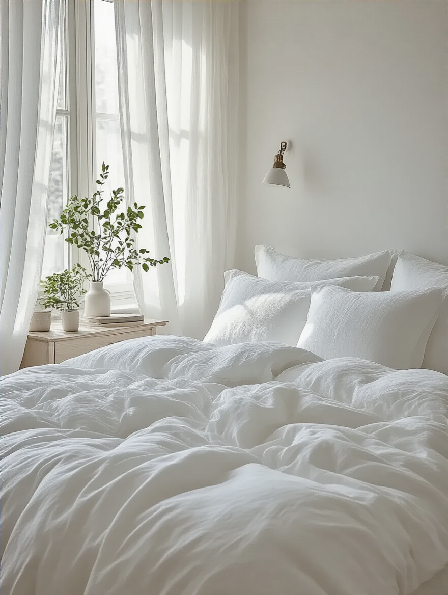 A serene white bedroom with bright linens, softly lit by natural light.