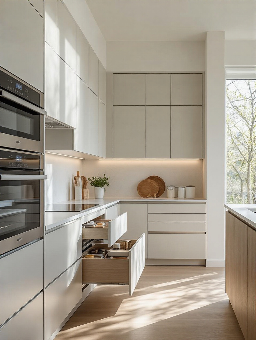 Modern kitchen with flat-panel cabinets and integrated storage solutions