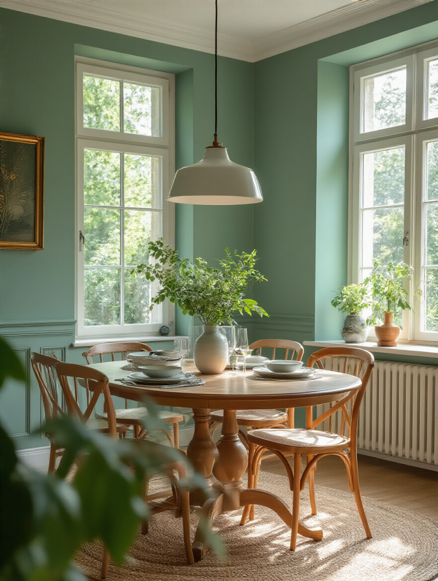 Dining room painted with eco-friendly and low-VOC paint, showcasing a healthy indoor environment.