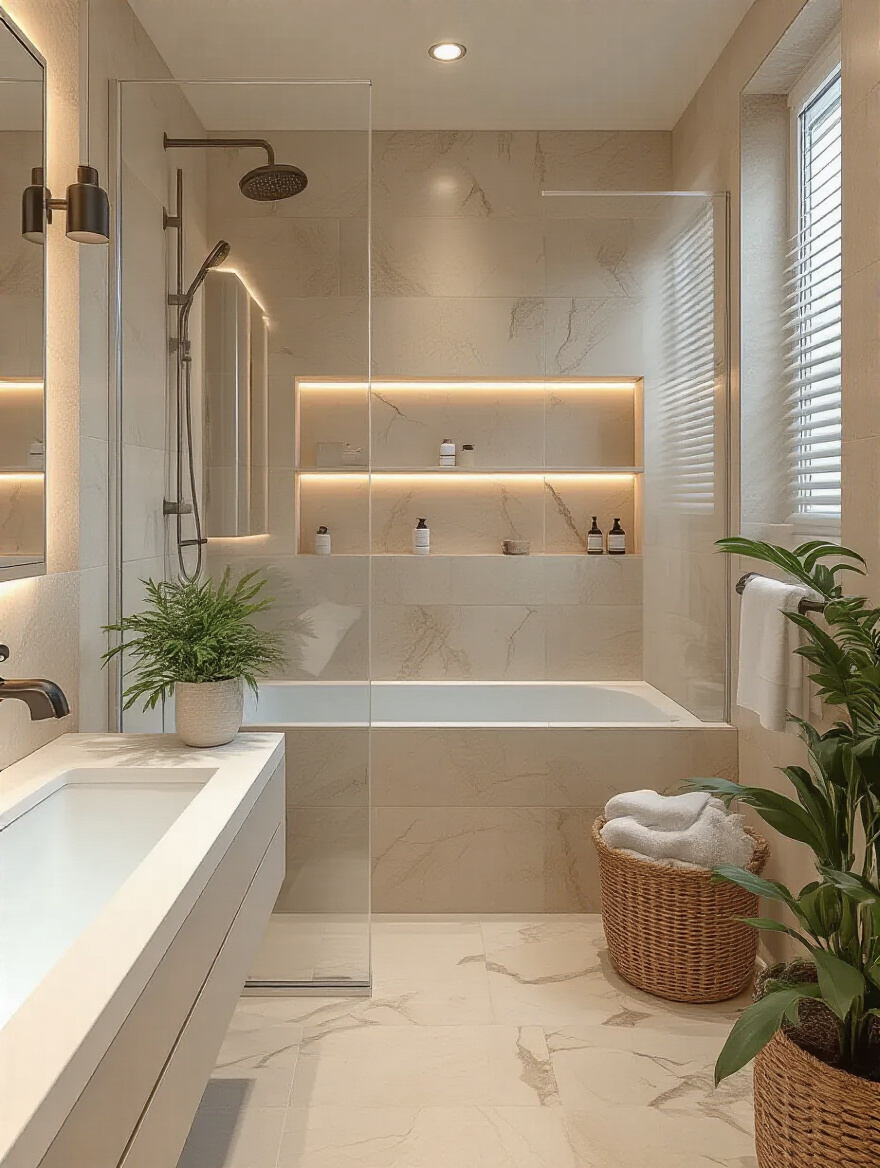 A modern bathroom wall demonstrating durable material selection considering humidity and splash zones.