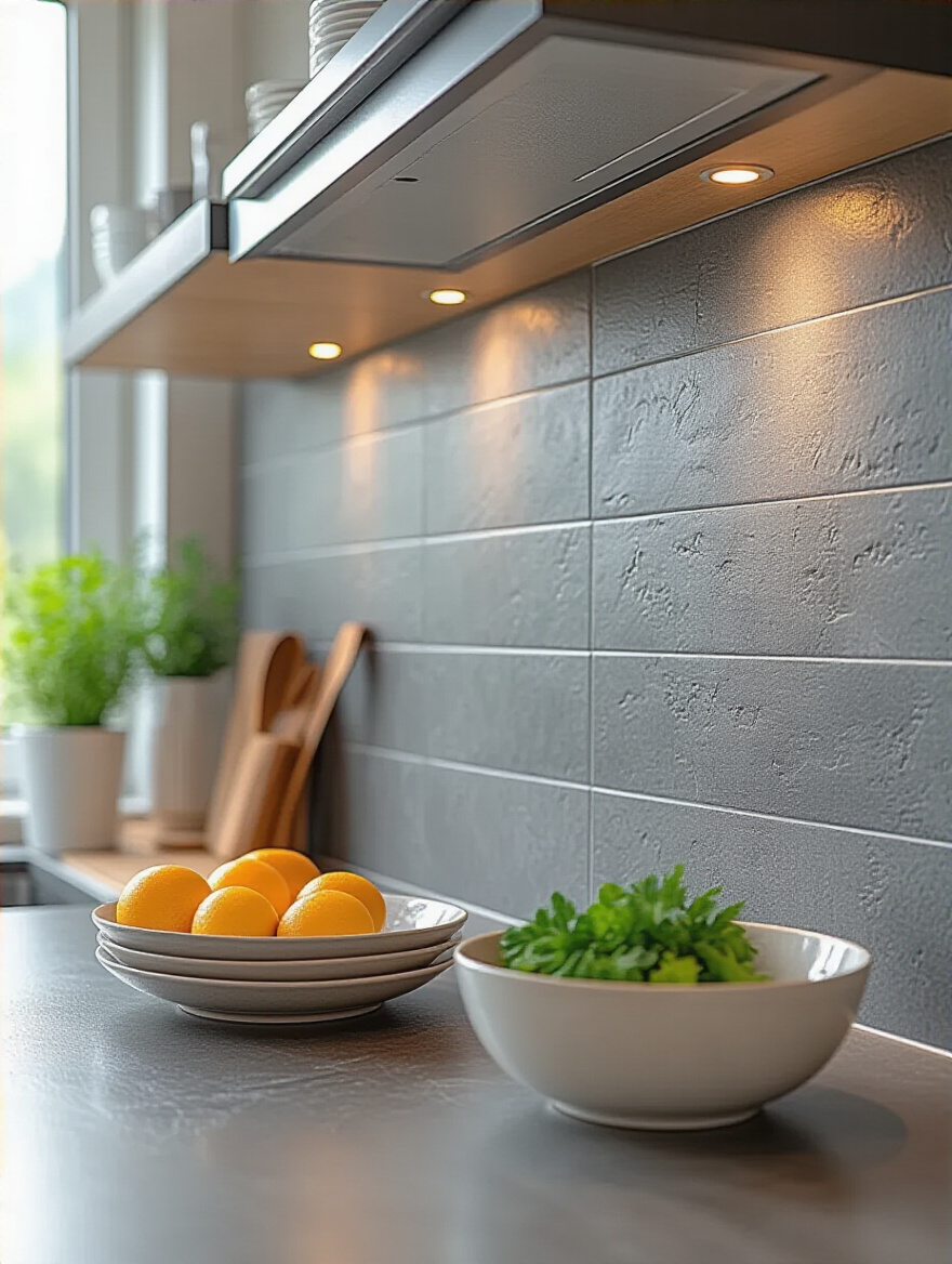 Portrait view of a modern kitchen backsplash made of durable, easy-to-clean large porcelain tiles with minimal grout lines