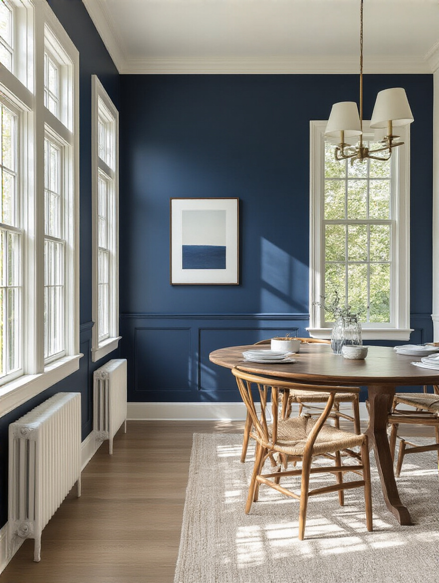 Dining room with two-tone walls in navy blue and white, showcasing a defined dining space.
