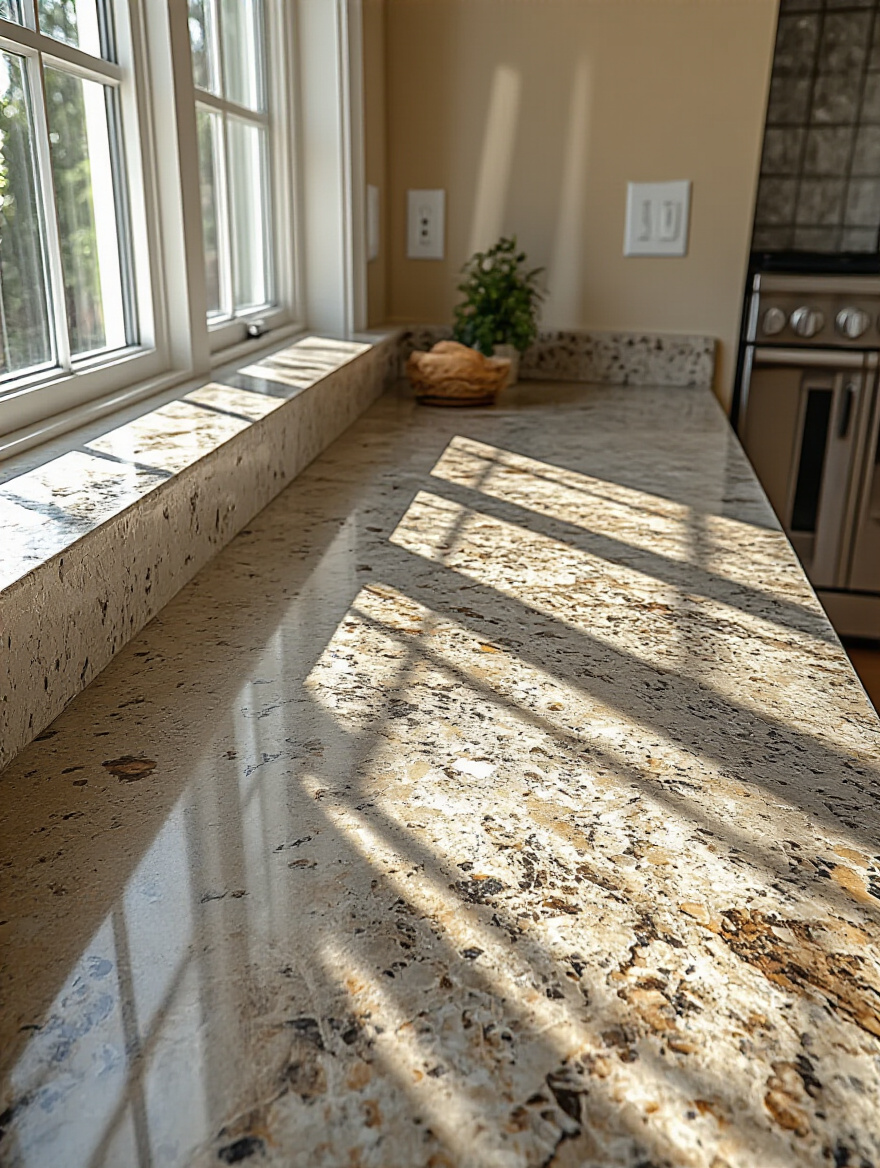 Close-up portrait photo of a kitchen countertop resurfaced with a granite-look kit, showcasing a smooth, high-end finish with natural lighting