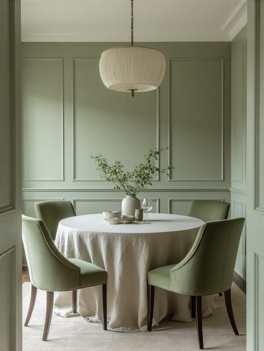 Elegant monochromatic dining room painted in shades of green