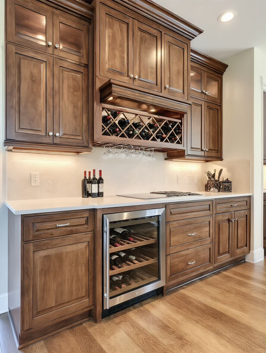 A modern kitchen featuring specialty cabinets with wine racks and appliance garages.