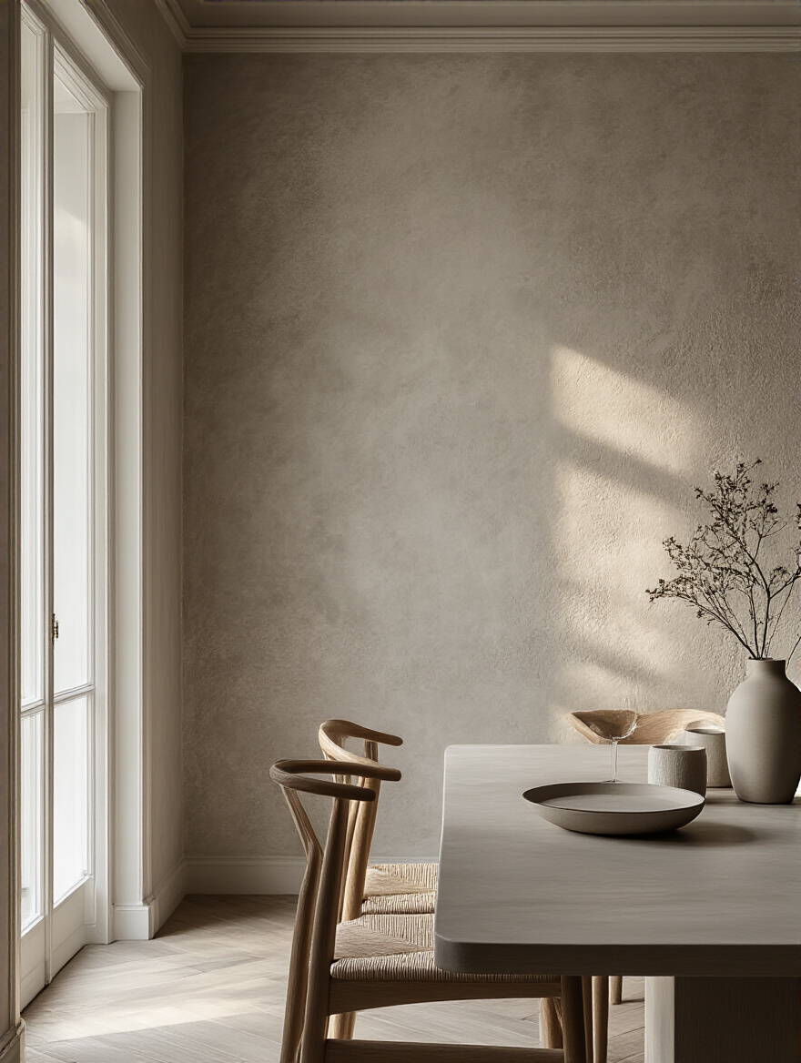 Textured paint finish accent wall in a dining room with minimalist decor