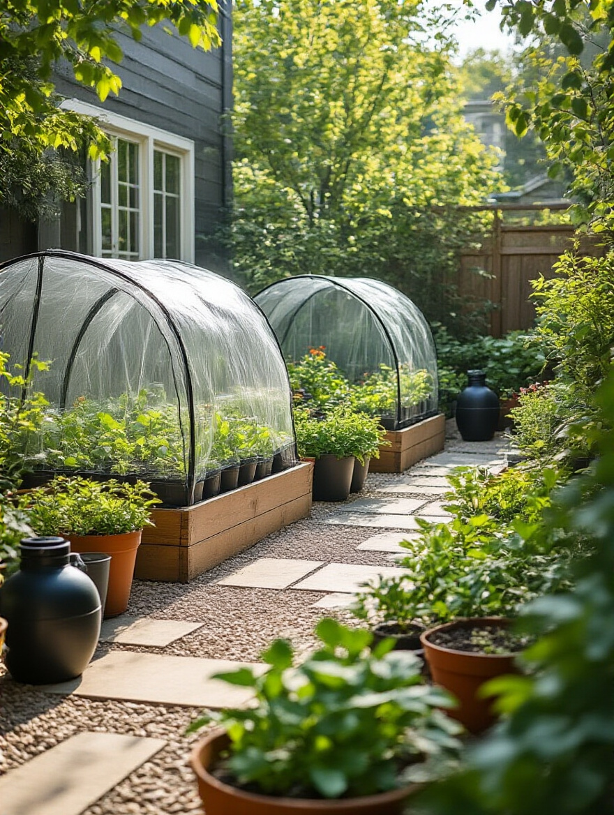 Patio garden with cloches, mini cold frames, and floating row covers extending the growing season