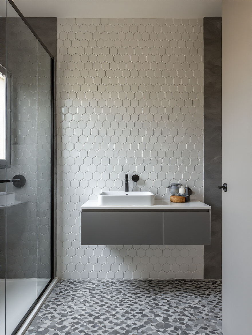 Modern bathroom with white hexagonal tile accent wall and matte gray floor tiles showcasing geometric bathroom tile patterns