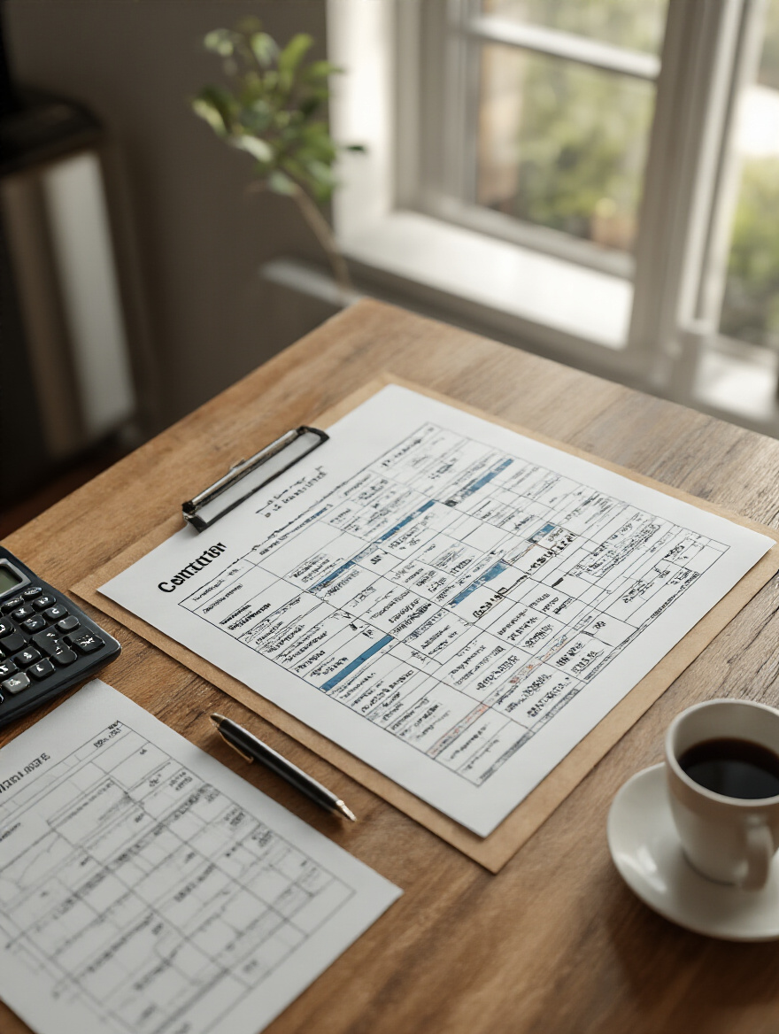 Top-down view of detailed contractor bid comparison spreadsheet on a wooden desk in a modern kitchen with natural lighting