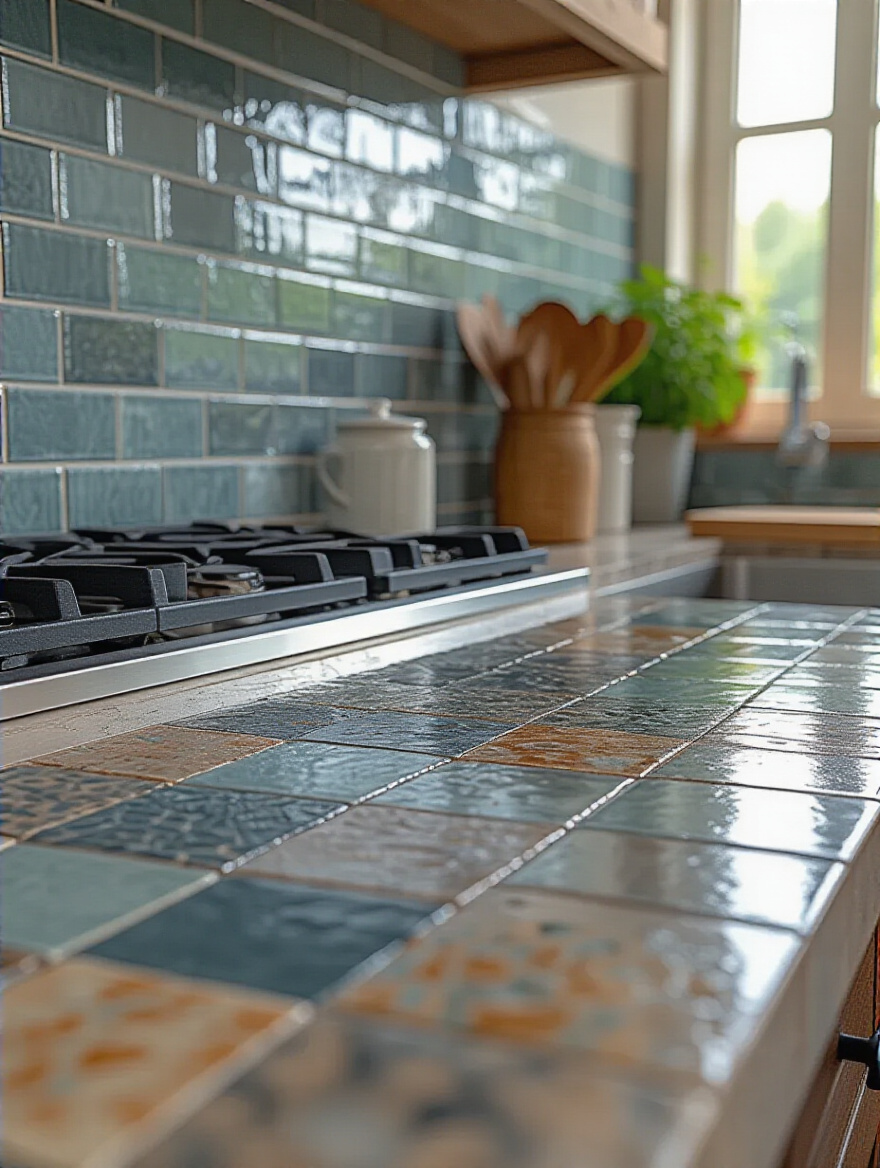 Close-up portrait photo of a kitchen backsplash showing detailed tile patterns with contrasting and blending grout colors under warm natural and ambient lighting