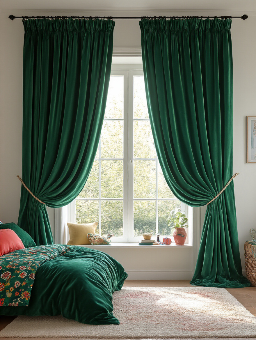 Teen bedroom featuring bold green velvet statement curtains elegantly framing a large window.