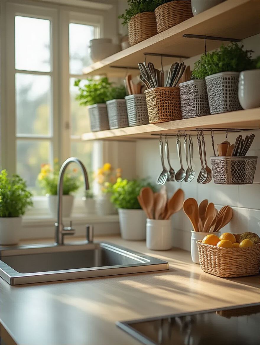 A well-organized kitchen with utensil caddies hanging from shelves above a countertop.