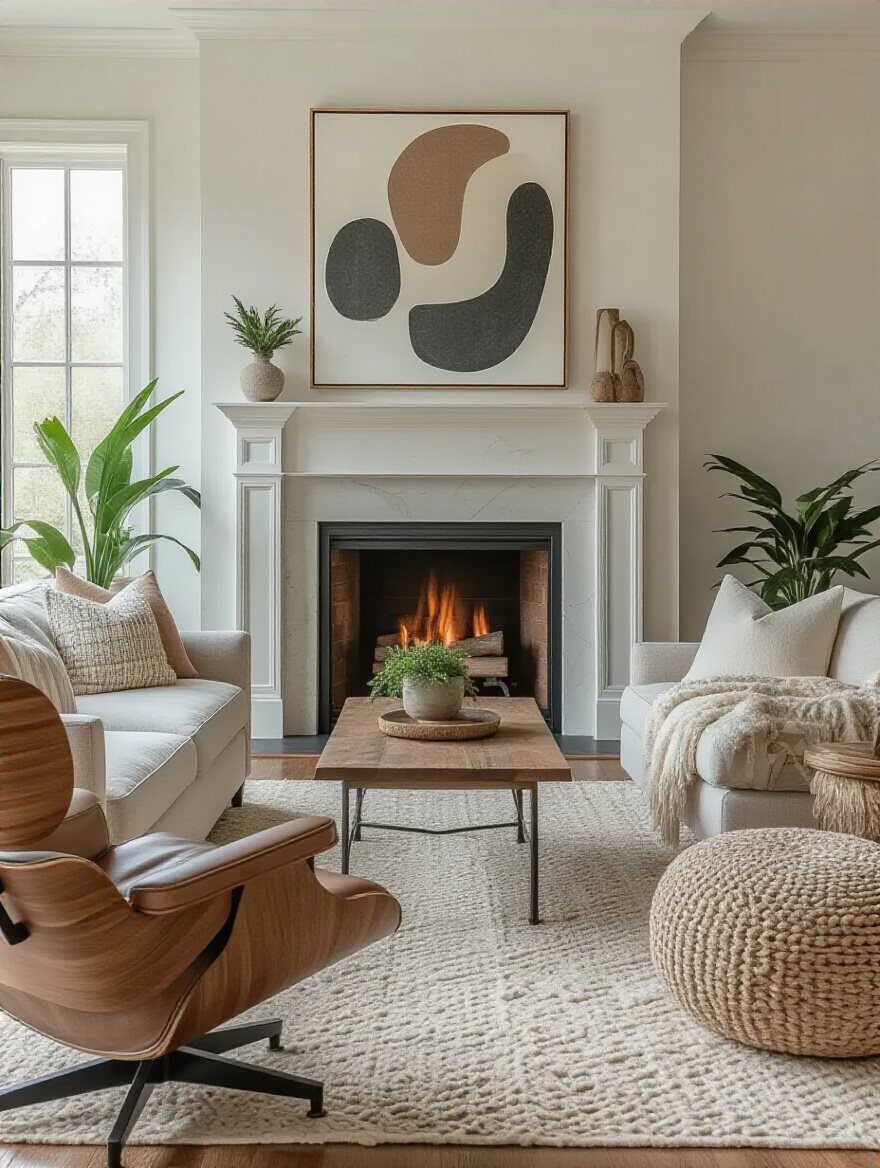 Living room centered around a fireplace with balanced symmetrical and asymmetrical furniture and decor