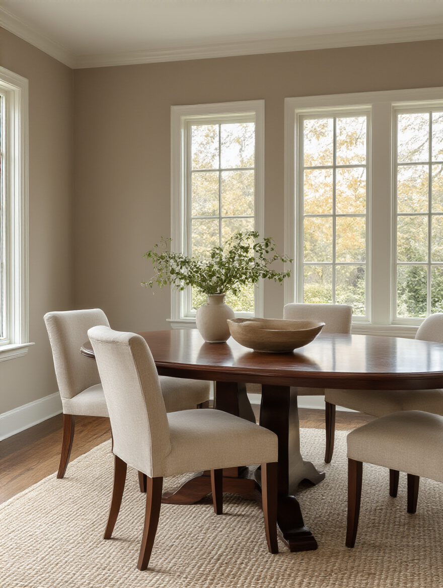 A cohesive dining room with harmonious paint colors matching existing furniture.