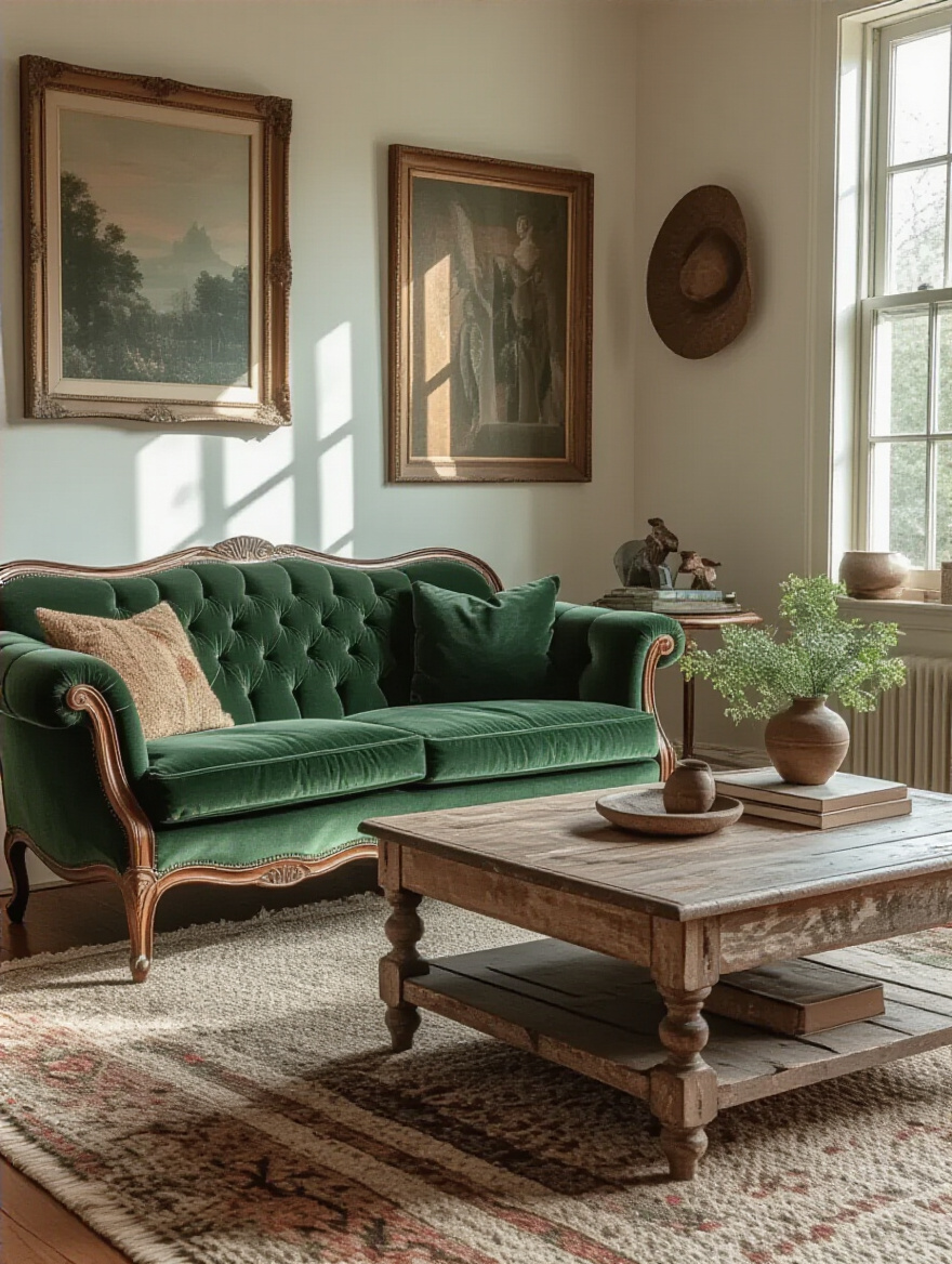 Cozy living room decorated with thrifted items including a vintage armchair and unique artwork.