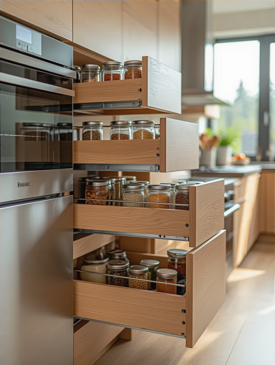 Modern kitchen showcasing innovative storage solutions in awkward gaps.