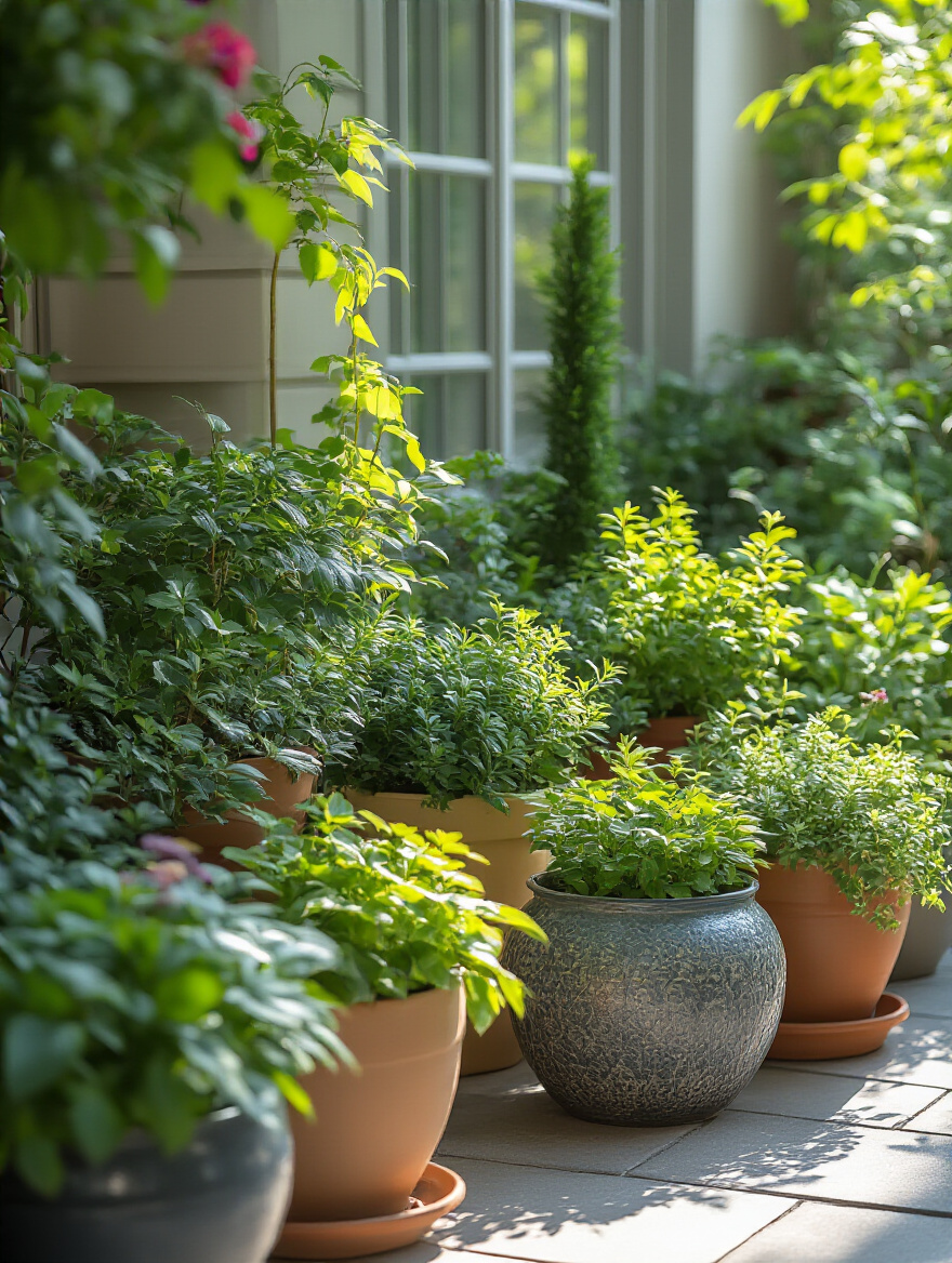 Compact and climate-appropriate plants thriving in containers on a small patio under natural light