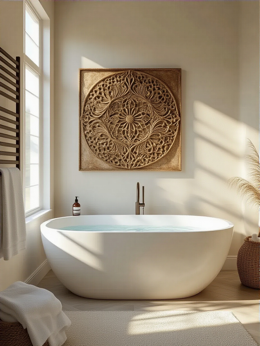Modern bathroom with freestanding tub and striking wall art above it