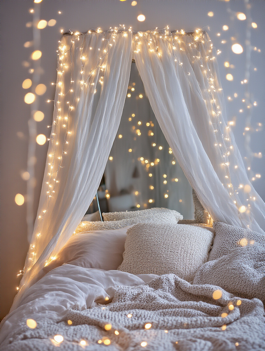 Cozy bedroom corner with fairy lights and full-length mirror