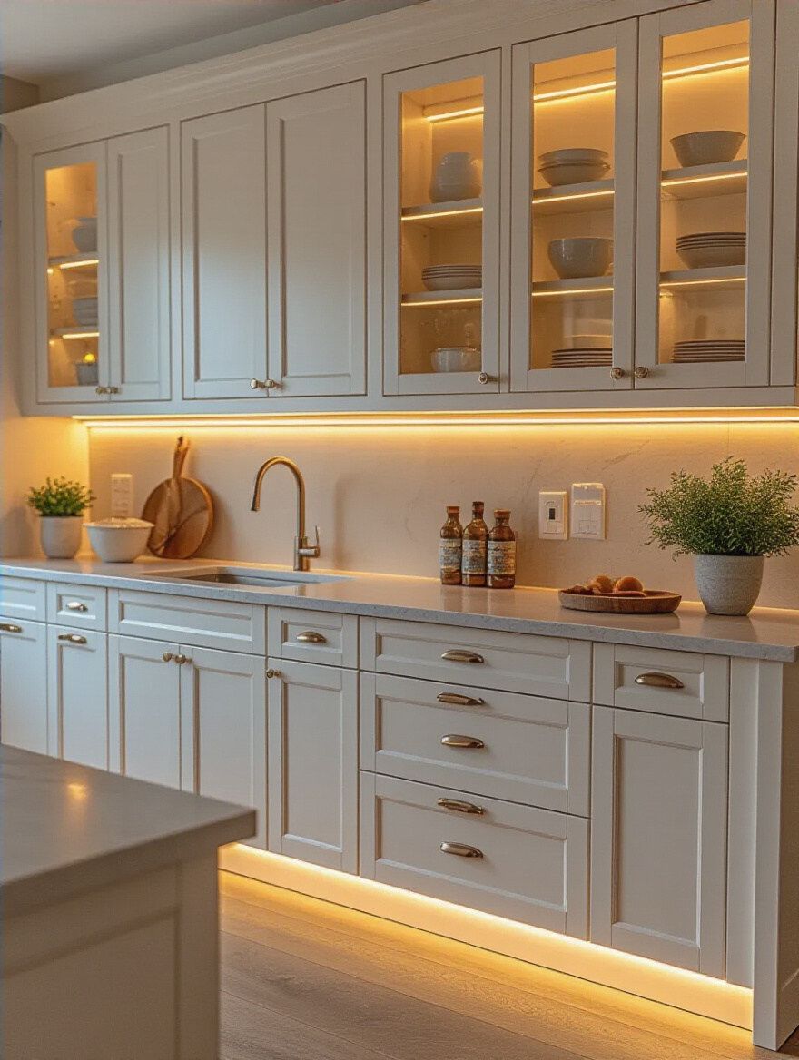A well-lit kitchen featuring under-cabinet and in-cabinet lighting solutions.